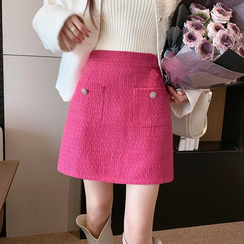 Coreano temperamento rosa vermelho tweed saia curta feminina outono cintura alta bolsos a linha de lã mini saias femininas