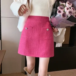 Korean Temperament Rose Red Tweed Short Skirt Female Autumn High Waist Pockets A-line Woolen Mini Skirts Women