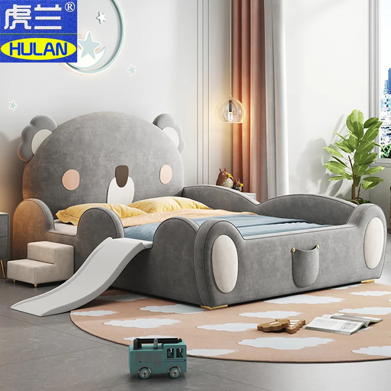 

Children's furniture velvet bear boy and girl bed 1.5 meters with slide lovely cartoon guardrail bed