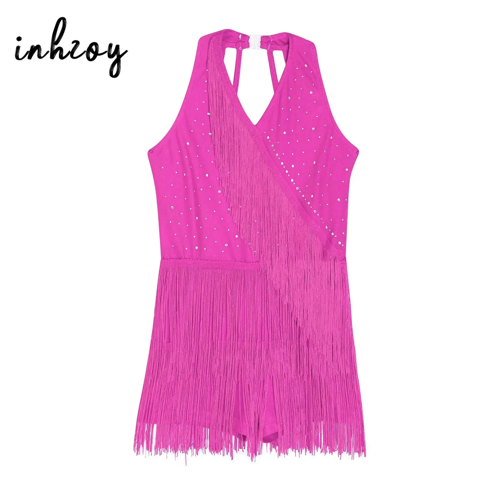 Robe justaucorps latine pour enfants filles, body à franges avec strass, jupe, col en v, sans manches, combinaison à franges pour spectacle sur scène