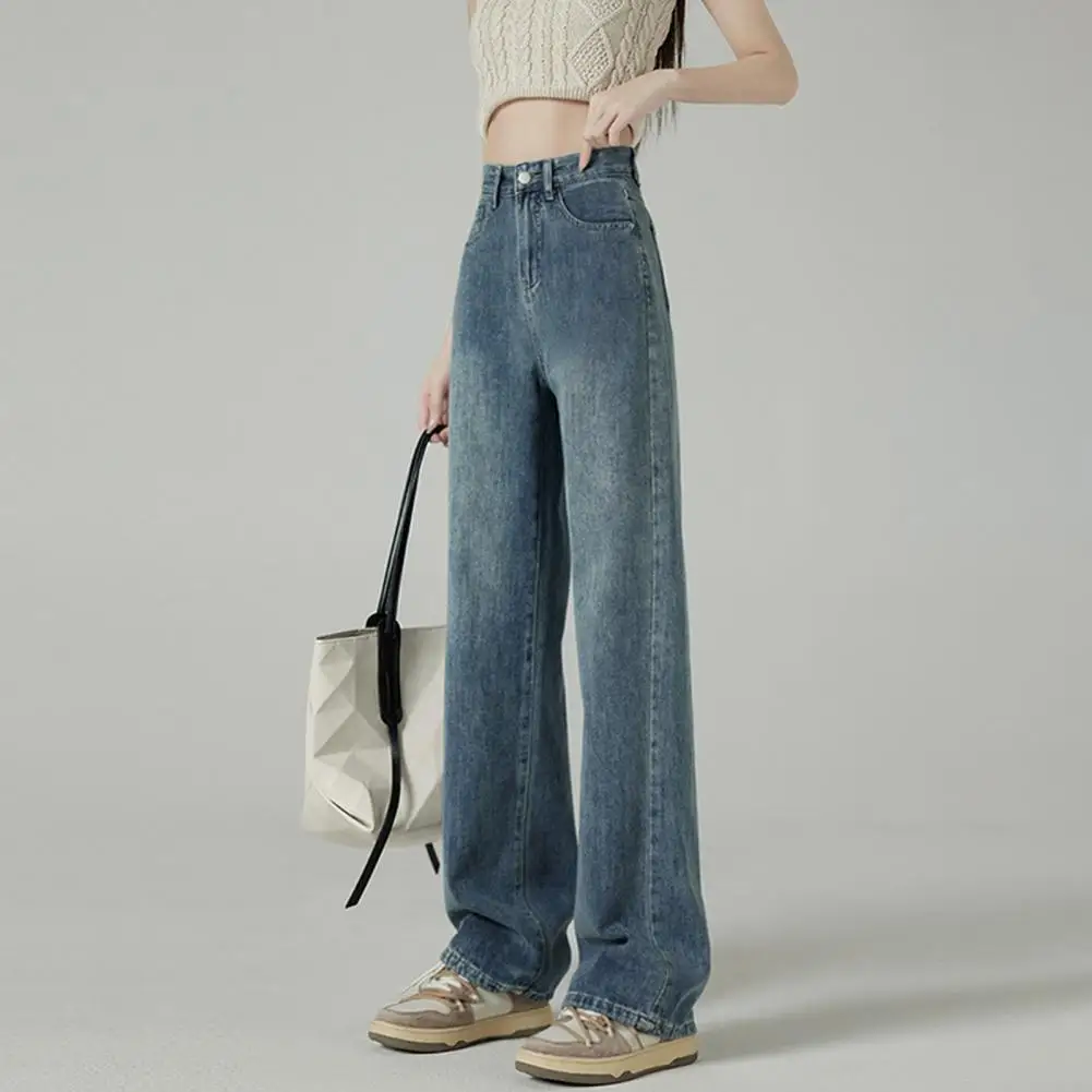 Pantaloni a gamba larga Jeans a gamba larga a vita alta retrò con tasche larghe di colore sfumato Streetwear alla moda per le donne a vita alta