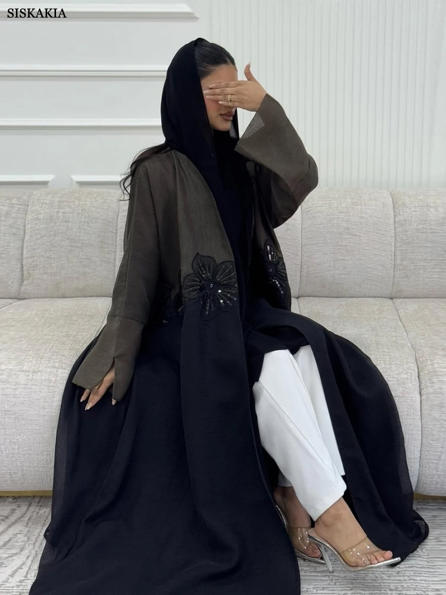 Siskakia Mode Dubai Applikationen Strickjacke Muslimische Frau Pailletten Patchwork Offene Abaya