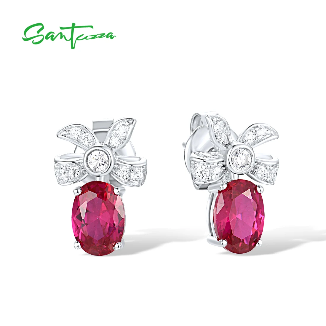 

SANTUZZA Geniune 925 Sterling Silver Stud Earrings For Women Sparkling White CZ Created Ruby Fashion Wedding Gifts Fine Jewelry