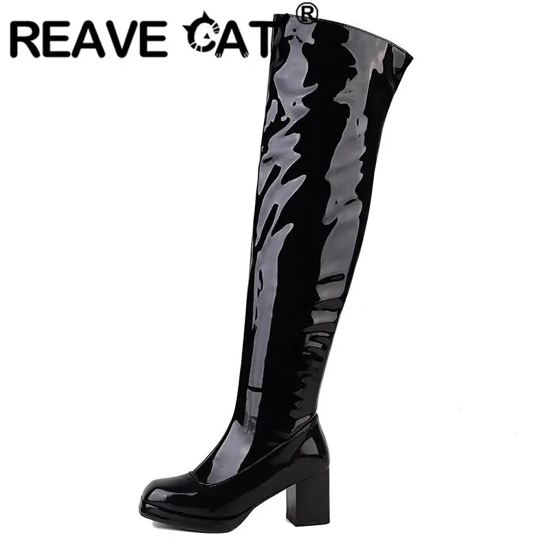 REAVE CAT Thigh Boots 52cm For Womens Square Toe Chunky Heel 7cm Platform 1.2cm Zipper Large Size 32-48 Sexy Party Shoes S4216