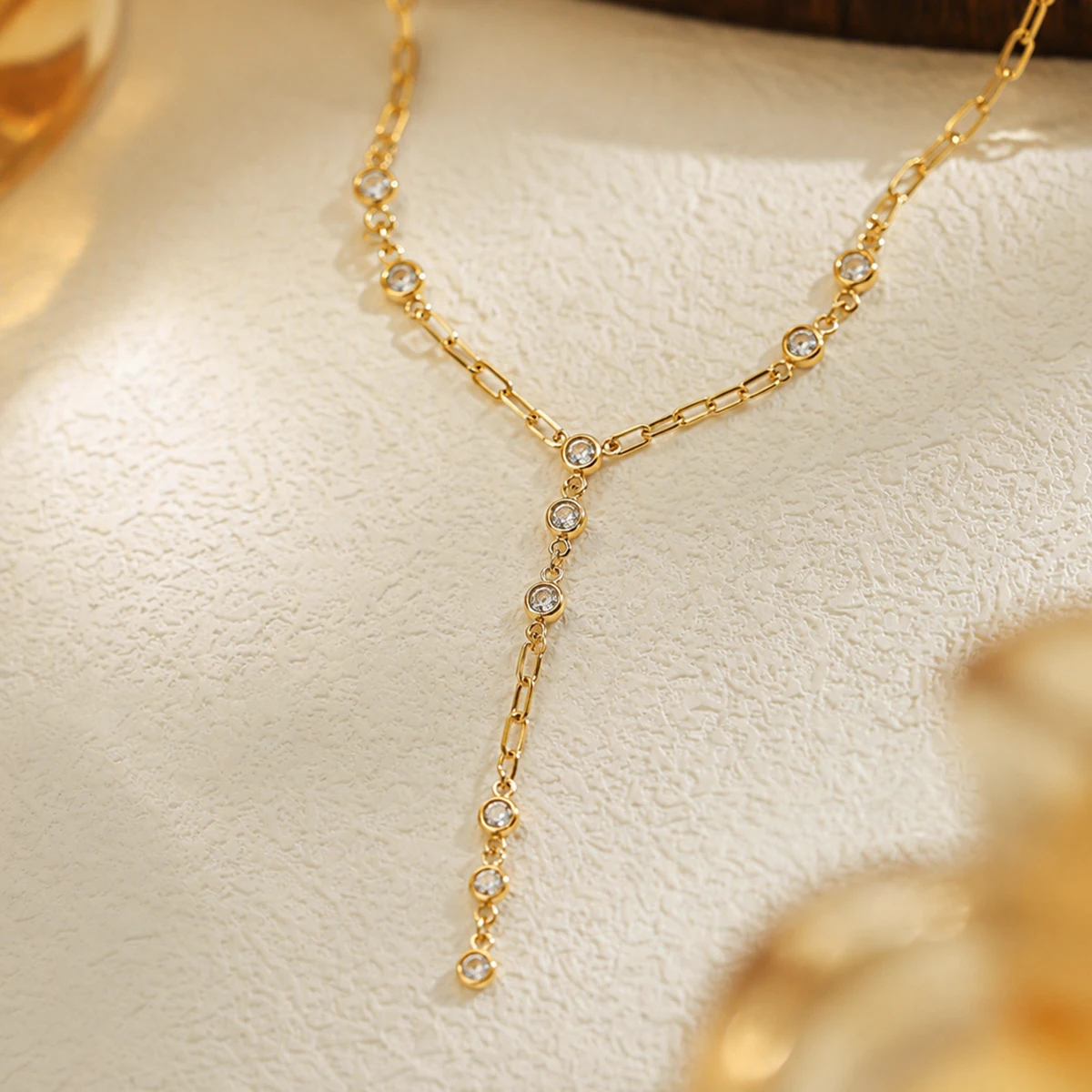 KunJoe Delicate Zircon Y Shape Pendant Necklace Women Fashion 18K Gold Plated Stainless Steel Clavicle Chain Waterproof Jewelry