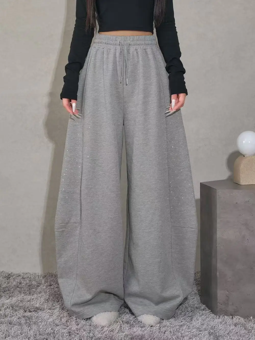 

Spring Summer High Waist Drawstring Loose Slimming Shiny Sequin Wide Leg Sports Pants Women Summer 26SS New Style