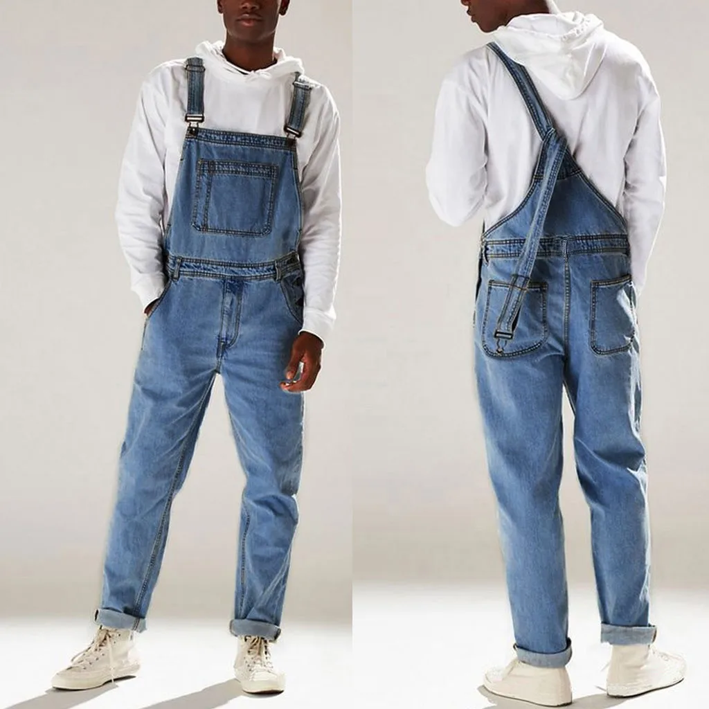 Mens Bib Denim Trousers Fashion Trend Adjustable Strap Jeans Overalls With Pockets Spring Daily Casual Streetwear Bib Jeans