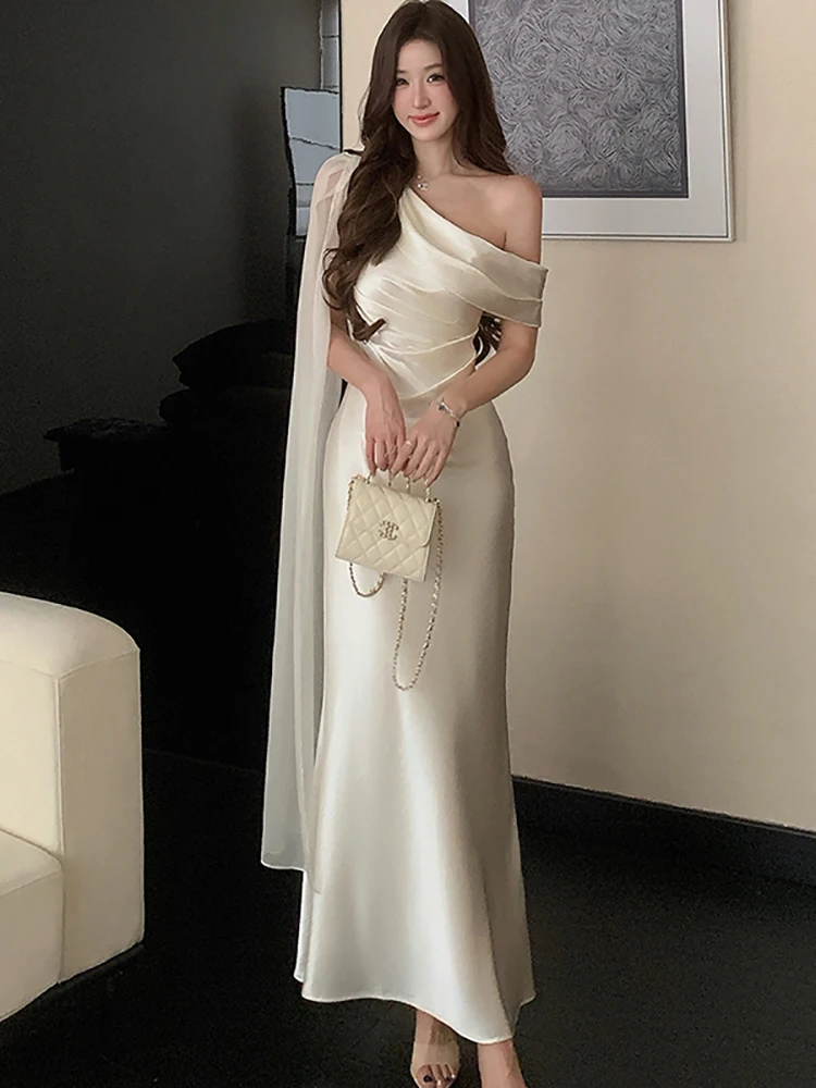

2026 White Satin Chic Diagonal Collar Sling Long Dress Women Elegant Luxury Ruffled Dress Gown Summer Korean Vintage Party Dress