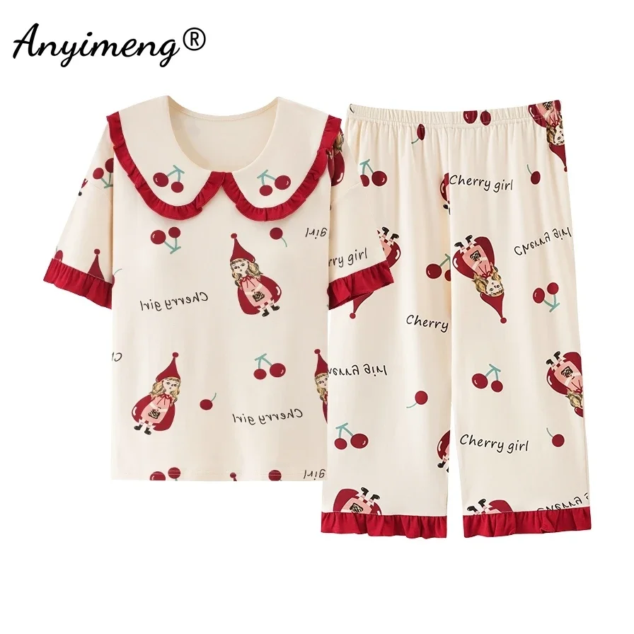 Sommer-Caprihose-Pyjama, süßer Cartoon-Druck-Pyjama für Damen, modischer Pyjama, weicher Baumwoll-Pyjama, Übergröße M-5XL, Nachtwäsche