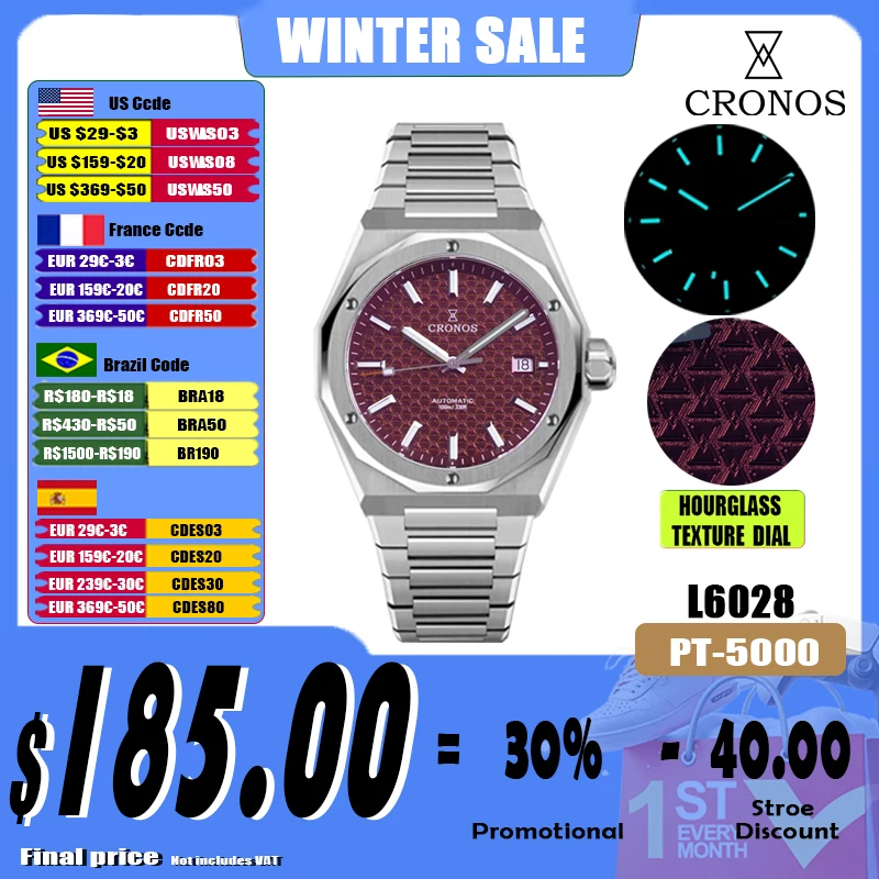 Cronos Luxury Men Watch 39mm Automatic PT5000 SW200 Wristwatches Sapphire 10ATM See-through Back L6028M V2