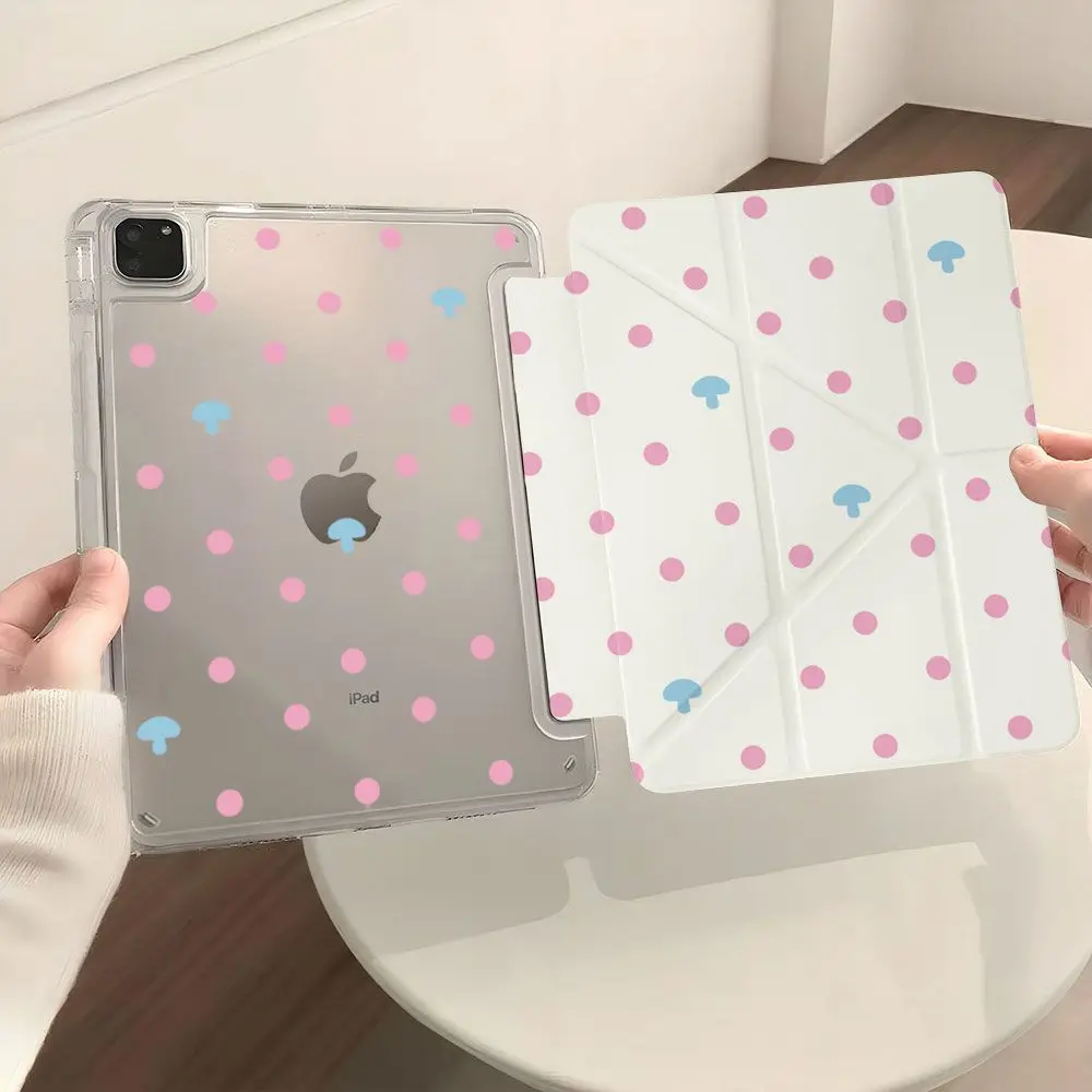 

Pink Polka Dots Mushrooms 3+Y Fold iPad Case For iPad Pro 11 13in 2025 iPad Pro 12.9in Air7 10th 11th M4/5 MINI Protected Cover