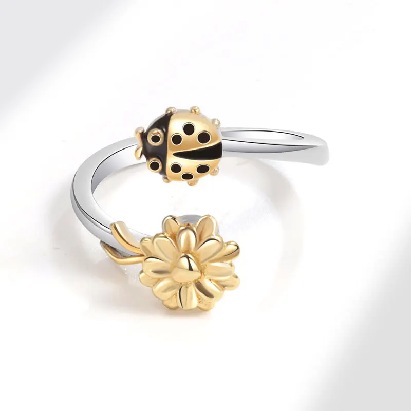 Cute Open Size Rotable Flower Ring For Women Zircon Jewelry Decompression Anxiety Enamel Ladybug Rings