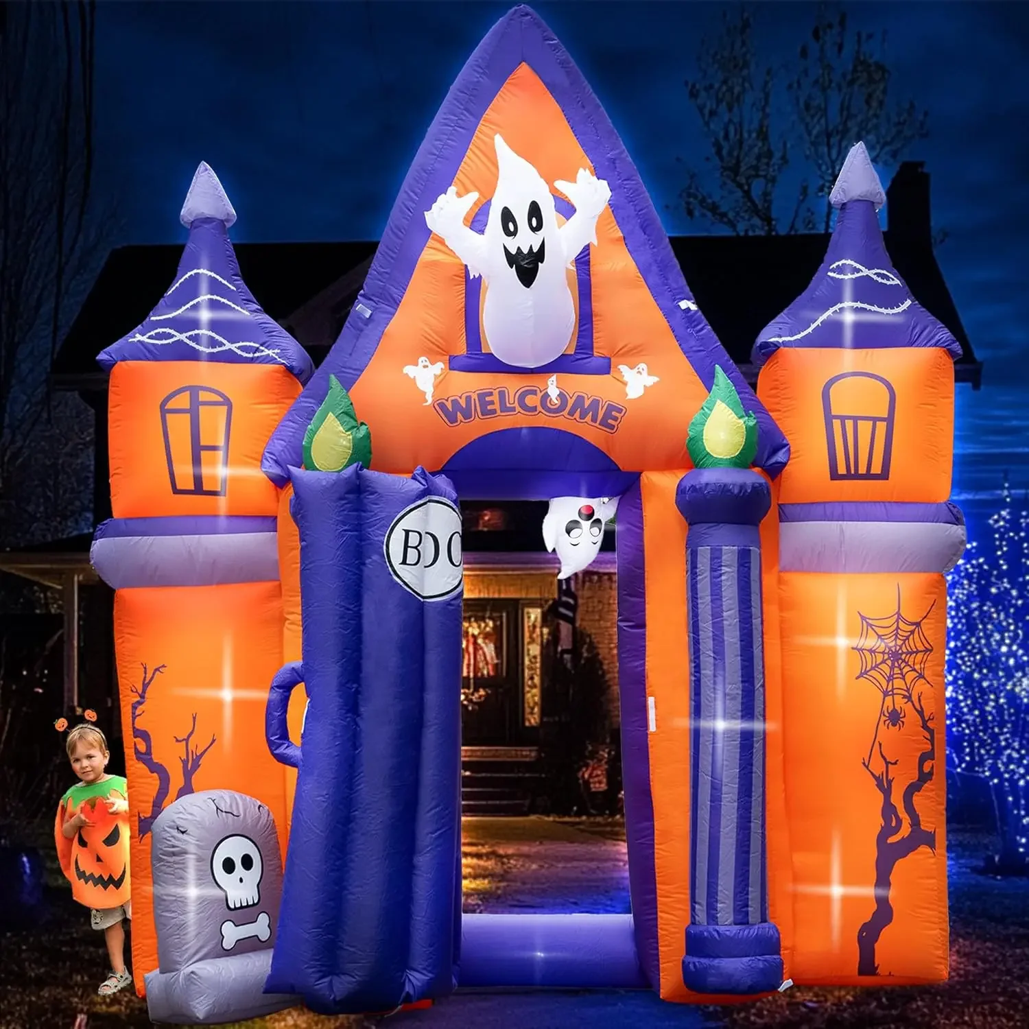 Halloween Inflatables 2024 New 10FT Castle Haunted House Arch Archway with Ghost Tombstone Removable Air Blower Bright LED Light