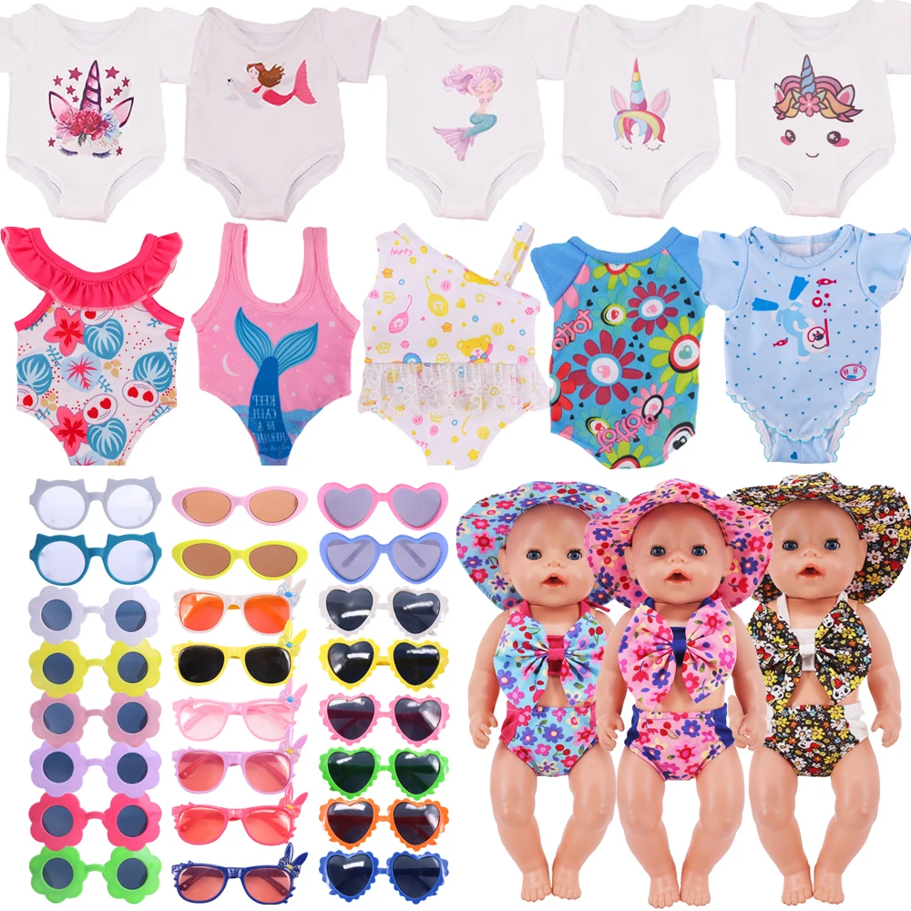 2Pcs/Set=Flamingo Swimsuit +Bunny Ear Sunglasses  For 18 Inch Girl Doll Gift 43 Cm Born Baby Doll Clothes Accessories Items Toys