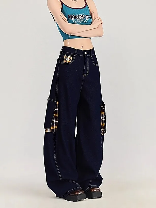 Calças Jeans de Perna Larga com Estampa Xadrez Americana Retro para Mulheres, Calças Largas de Cintura Alta, Novidade de Outono