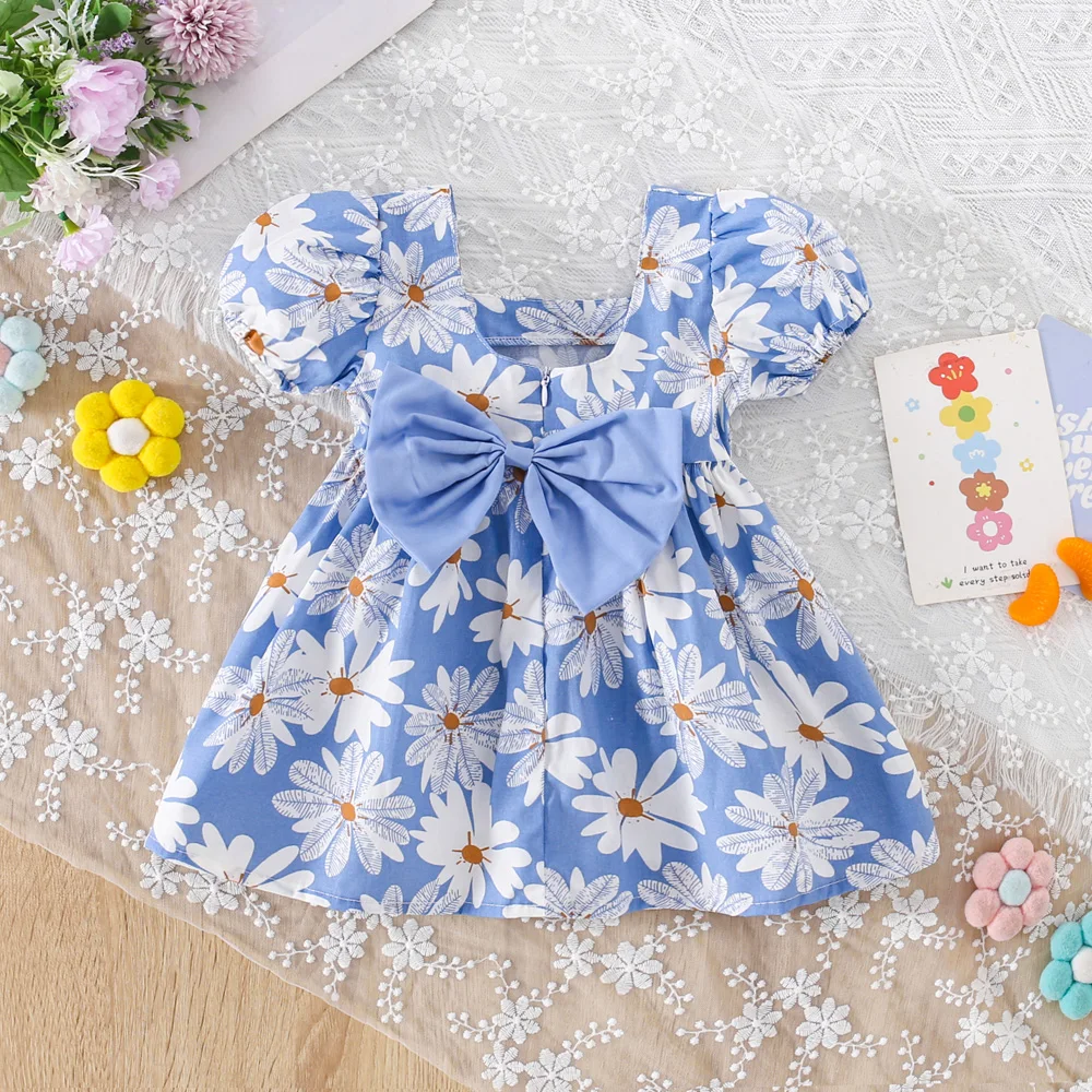 Baby Girl Dress Summer Beautiful Western Style Flower Girl Dress Bow Bubble Sleeve Dress (0-3 Years Old)