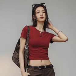Maden Women's American Style Crop Henley T Shirt Slim Fit Short Sleeve Solid Color Basic Layering Top Casual Daily Wear