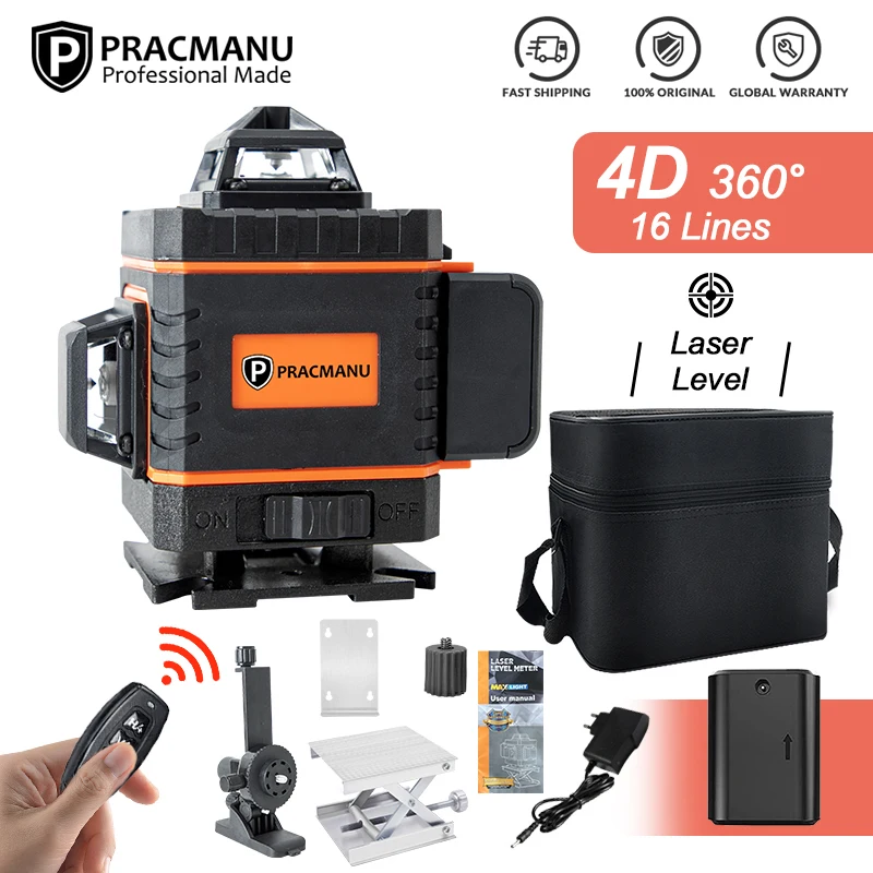 Pracmanu 16 Lines 4D Laser Level 360 Self-Leveling Horizontal And Vertical Cross Lines Laser Level with Remote Control