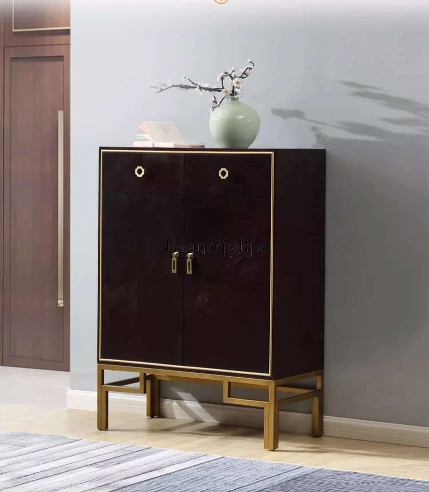 

yj5Large-capacity storage foyer cabinet Solid wood light luxury entrance shoe cabinet integrated