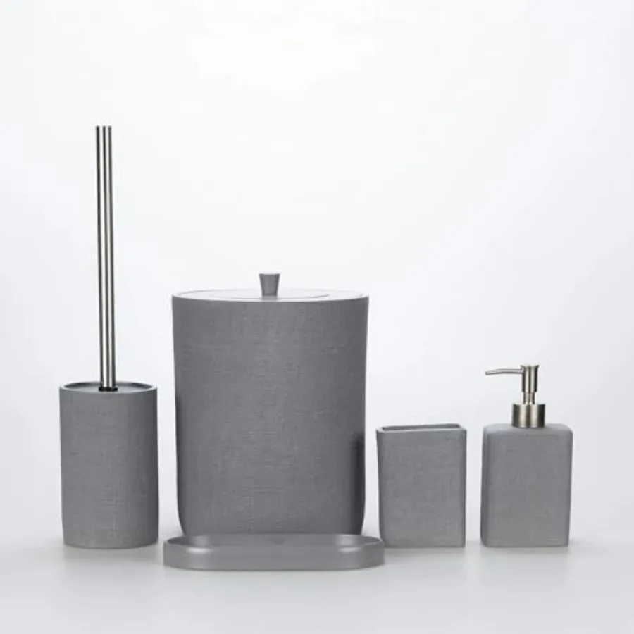 Colección de Accesorios de Baño de Resina Gris, Juego de Accesorios de Baño de Lujo en Color Taupe para Baños Modernos, Incluye Cubo de Basura y Escobilla para Inodoro