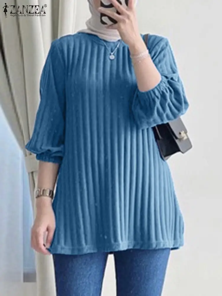 ZANZEA Women Casual 3/4 Sleeve Ribbed Blouses Fall 2024 Muslim Hijab Tops Elegant Daily Shirt Loose T-shirts Islamic Clothing