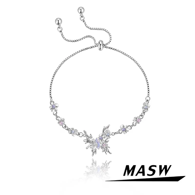 

MASW Original Design Thick Silver Plated Adjustable Chain Purple Butterfly Charm Bracelet For Girl Women Fashion Jewelry Gift