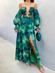 Dark Green Palace Sleeves Fashion Long Deep V Lace-up Bikini Set And Beach Skirt Covering Slit Resort Sexy Designer Styles 2023