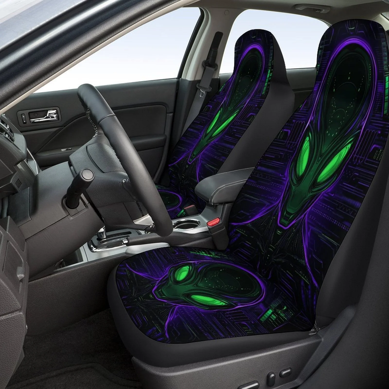 Alien Face Designed Car Seat Cover Set | Universal Fit, Polyester Material, Non- Fabric, Fashion Novelty Seat Protectors For Fro