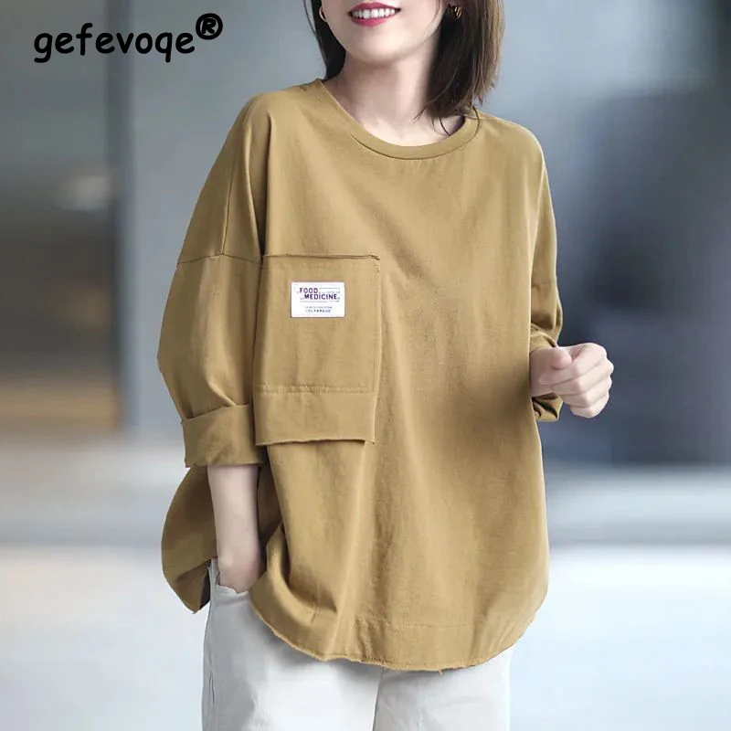 Spring Autumn Korean Simple Style Applique Pocket Solid Oversize T Shirt Women Casual O Neck Long Sleeve Top Female Clothing2023