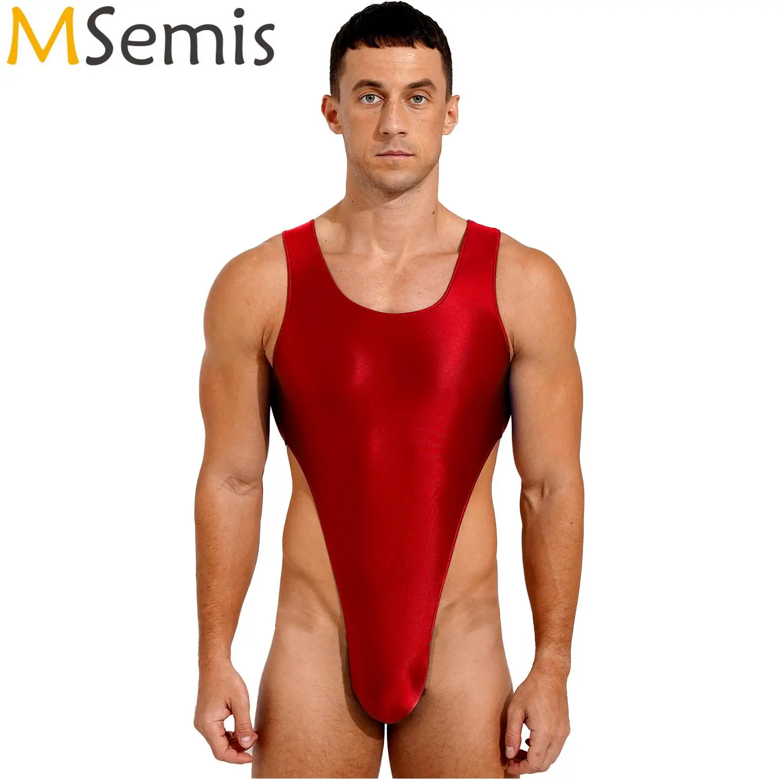 

Lingerie Glossy Bodysuit Men U Neck Solid Color Lossy Stretchy Mankini Thong Costume High Cut Body Muscles Bodybuilding Costumes