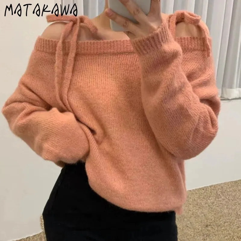 

Matakawa Woman Sweaters Slash Neck Solid Autumn Winter Korean Fashion Chic Pullovers Elegant Simple Sweet Pulls Femmes