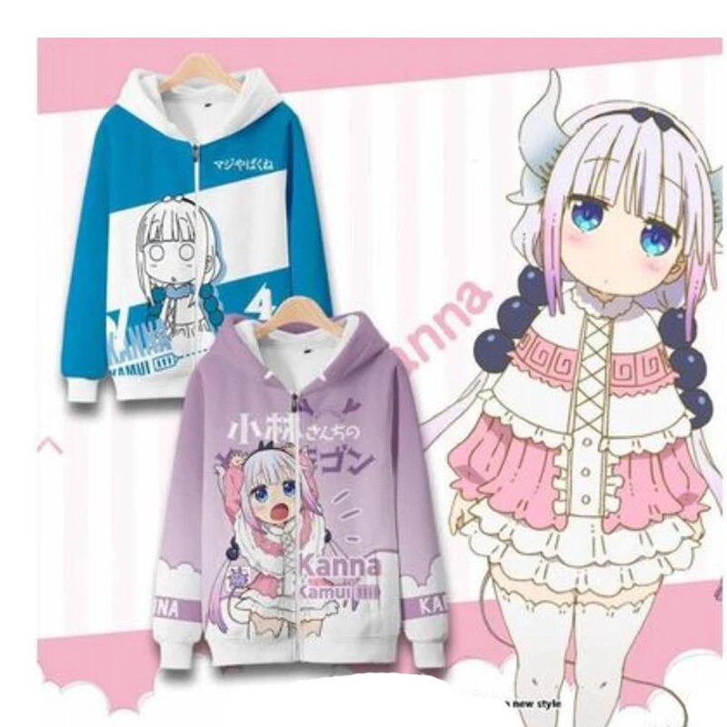 3D อะนิเมะมังกรของนางสาวโคบายาชิ Zip Up Hoodie Kobayashi San Chi ไม่มีแม่บ้าน Dragon Kanna Kamui คอสเพลย์ Zipper Hooded JACKET