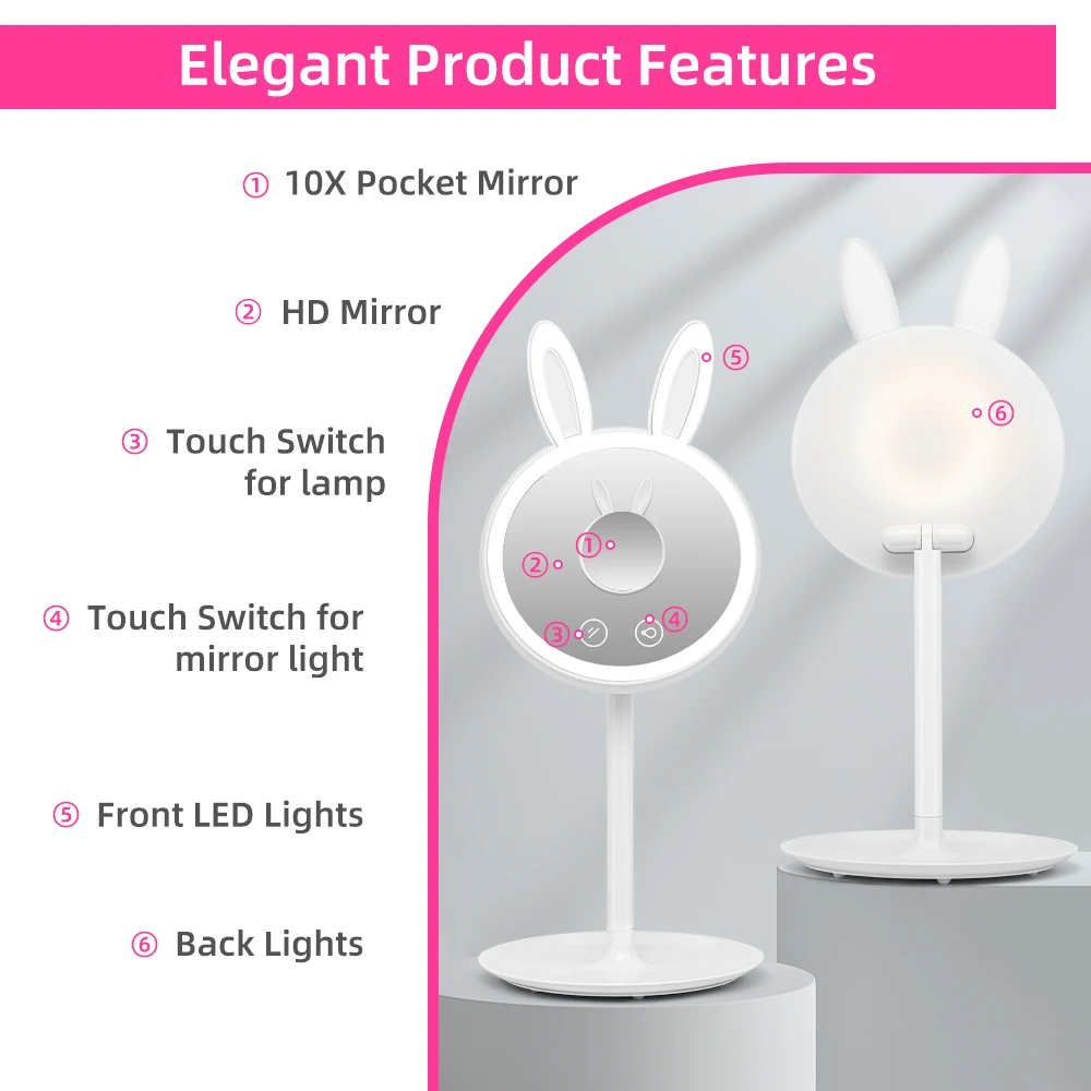 Missmeeca Rabbit Led Table Mirror With Light Charging Makeup Mirror Touch Led Vanity Table Desk Cosmetic Mirror 10X Magnifying