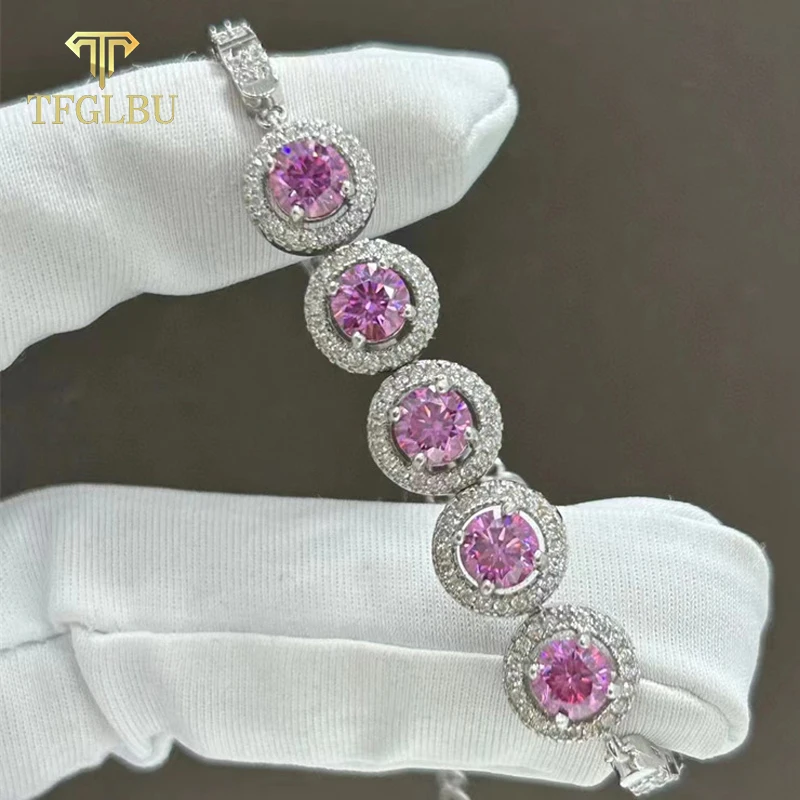 

TFGLBU 2.5CTTW Pink Full Moissanite Bracelet for Women Platinum Plating S925 Sterling Silver Chain Sparkles Gem Sweet Cute Gift