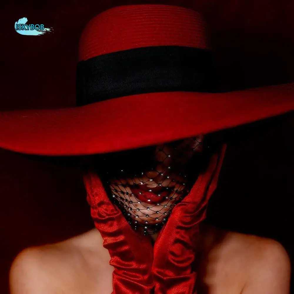 

European American Style Fishing Net Headcover Hollow Out Adjustable Rhinestone Face Veil Elastic Sparkling Beanies