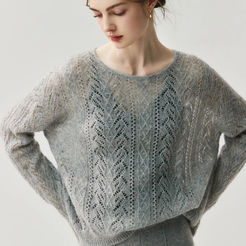 

Women's 100% Cashmere Hollow-Out O-neck Long-Sleeve Sweater Stylish Casual Pullover Office Korean Style Autumn Winter Knitwear
