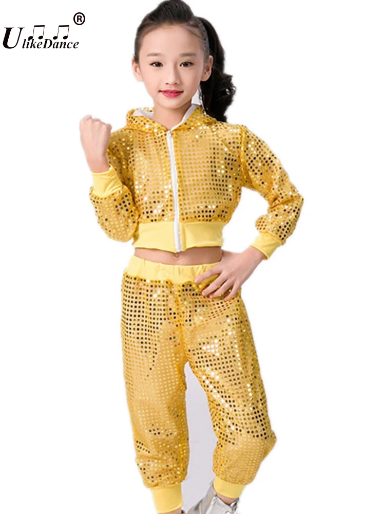 Disfraz de baile de Jazz con lentejuelas para niño y niña, traje moderno de animadora, Hip Hop, Top corto y pantalón, ropa de actuación