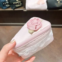 Saco cosmético do bolo do triângulo do cetim do estilo japonês para meninas, saco doce do bordado, caixas do laço do rosa