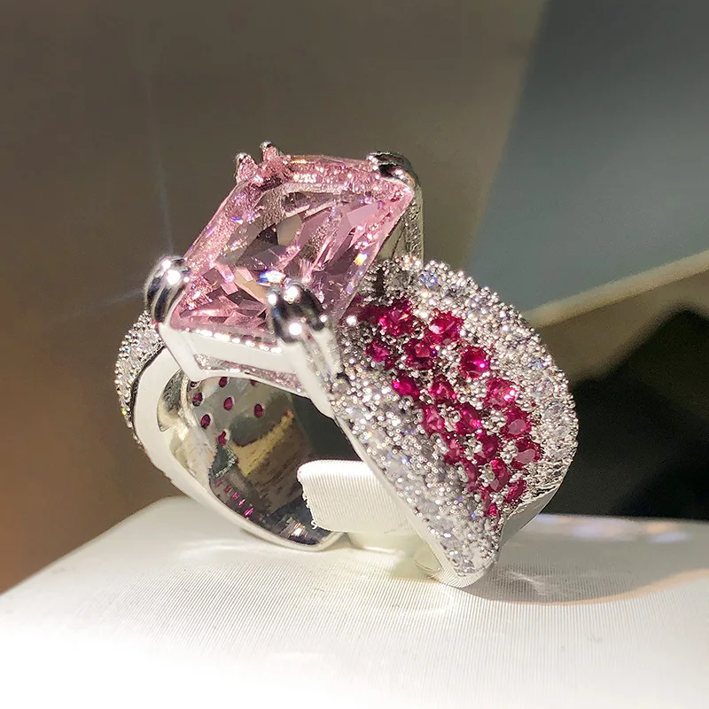 

NEW Fashion Princess Pink With Diamond Opening For Adjustable Couple Rings For Womens Silver-Plated Valentine's Day Gift Jewelry