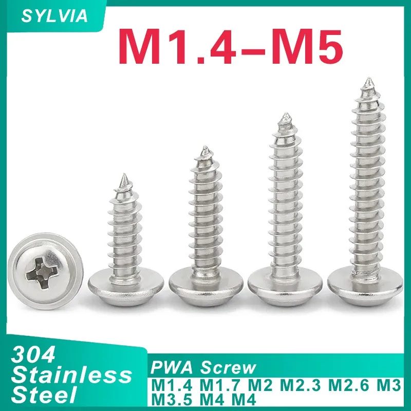 

20/ 50/ 100/ 200pcs M1.4 M1.7 M2.6 M3- M5 304 Stainless Steel Cross Phillips Pan Round Head W/ Washer Collar Self-tapping Screw