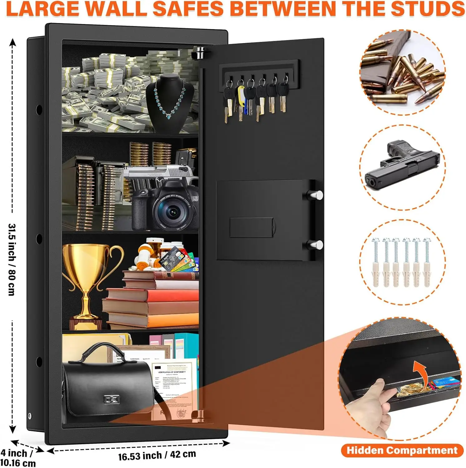 Cajas fuertes de pared ignífugas de 31,5" de alto entre los pernos centrales de 16", caja fuerte de pared oculta con 3 estantes extraíbles y modo silencioso, resistente