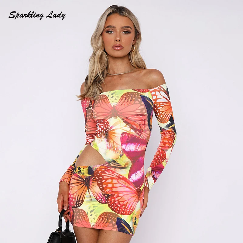 

Female Clothing Off The Shoulder Mini Dresses Sexy Long Sleeve Butterfly Print Slim Hollow Out Bodycon Short Party Dress