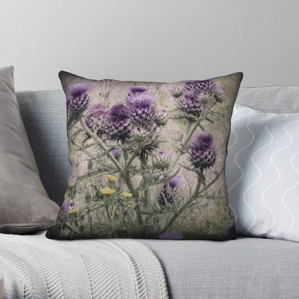 Purple Thistle Yellow Daisy Square Pillowcase Polyester Linen Velvet Printed Zip Decor Throw Pillow Case Home Cushion Cover