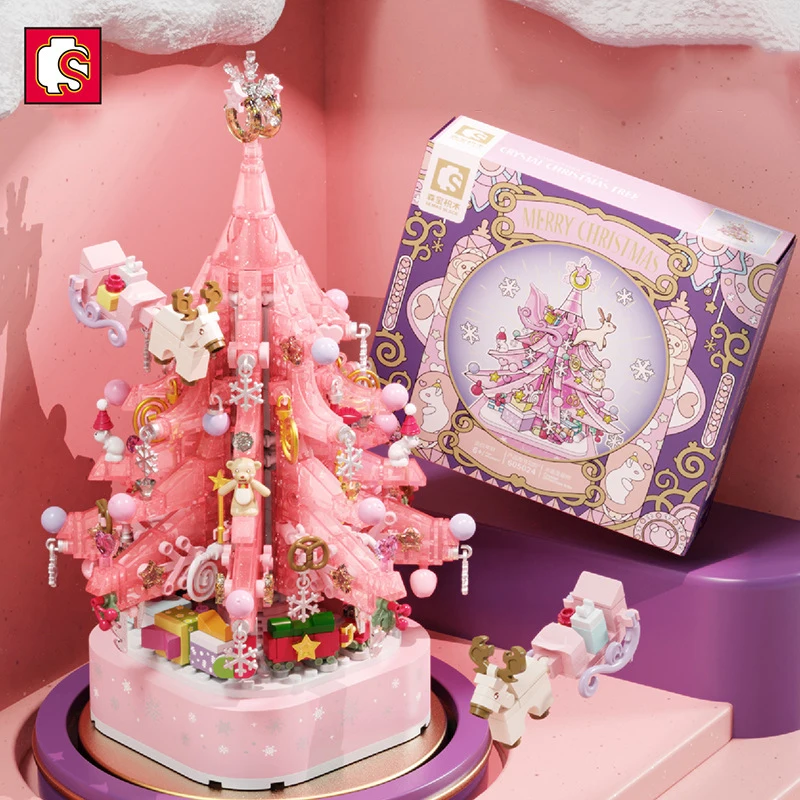 SEMBO New Pink Crystal Christmas Tree Building Blocks DIY Light Music Box Assembly Bricks Toys For Girls Friends Christmas Gifts