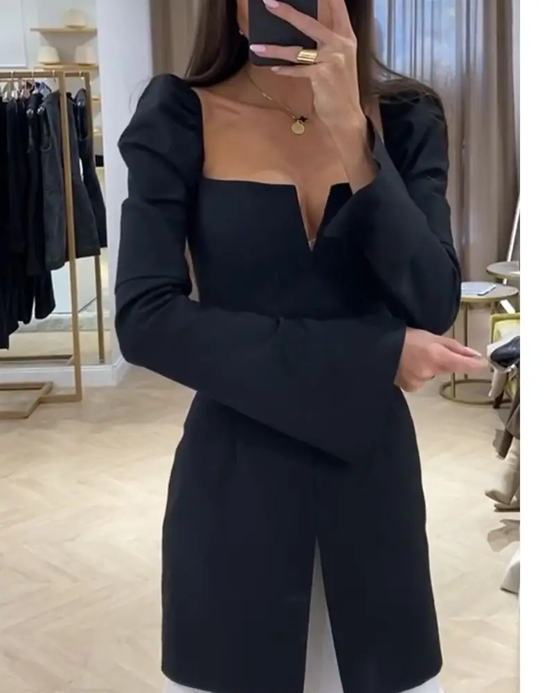 Slim Fit Long Sve Bla Dr Women's Faionable Workwear Gored Skirt High Waist A-Line Summer Dr Square Collar