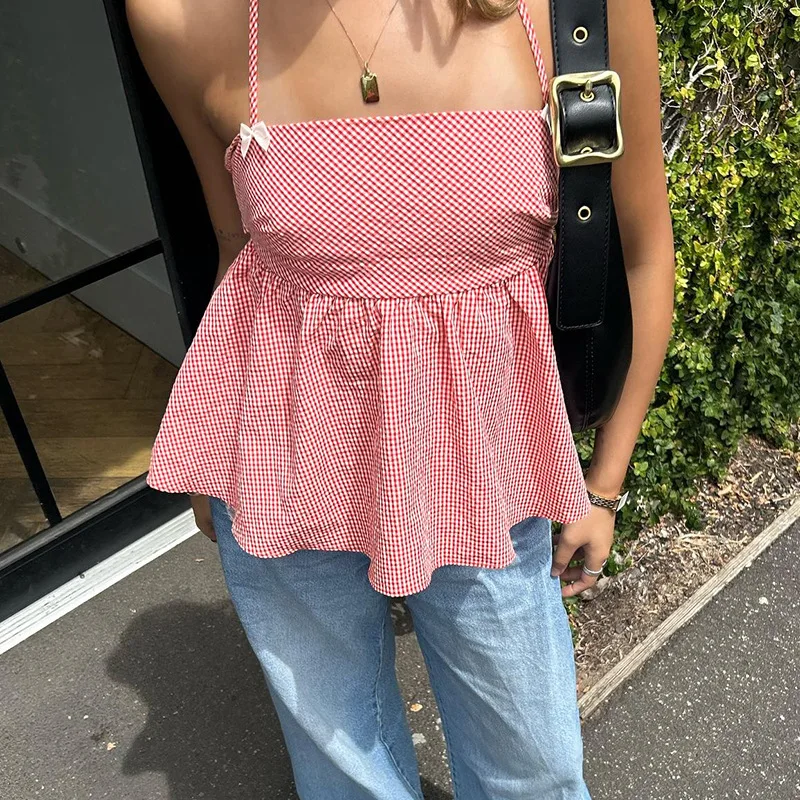 

2026 New Sexy Suspender Casual Versatile Plaid Neck Top Women