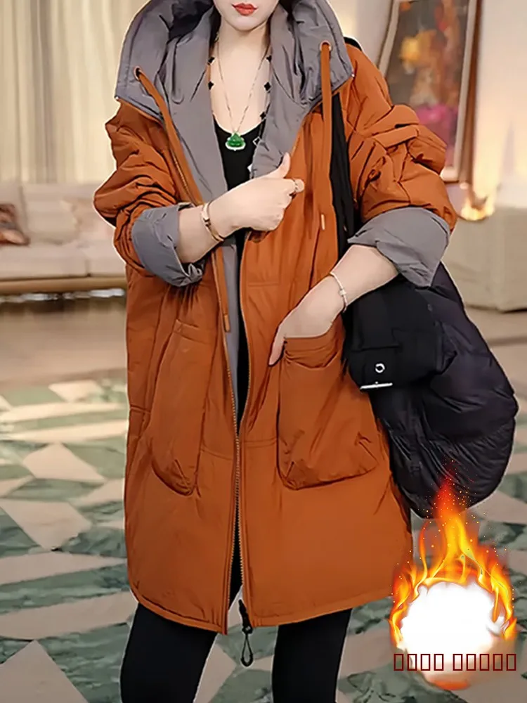 معطف مبطن بغطاء للرأس من Thiened Lazy Sle فضفاض مناسب للنساء من القطن Jaet متوسط الطول معطف كوري Sle للتنقل من ألياف البوليستر