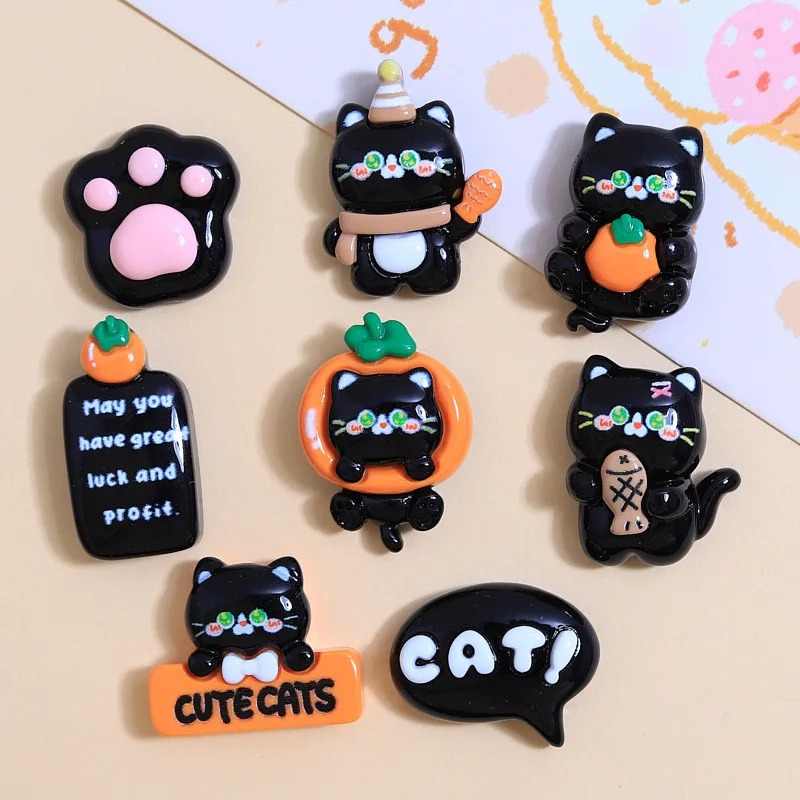 10Pcs New Cute Cartoon Black Cat Series Flat Back Ornament Jewelry Bows Accessories