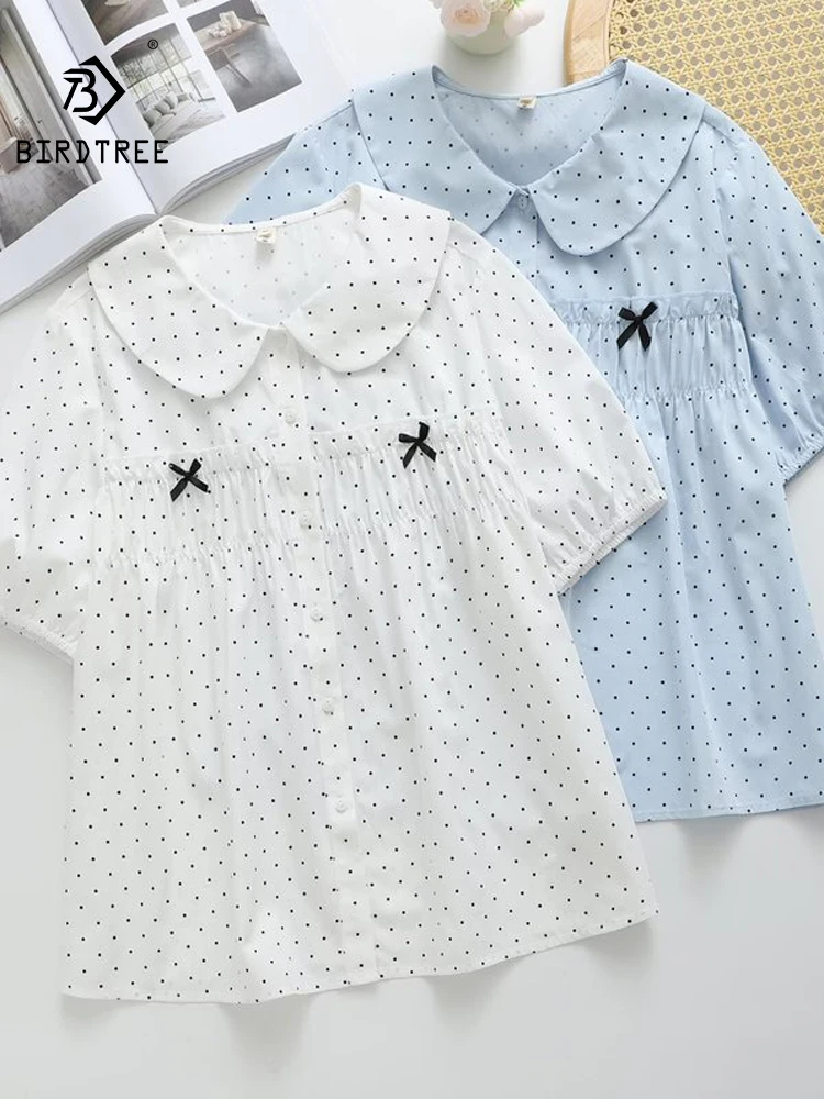 

New 2026 Spring Women Cotton Short Sleeve Shirt, Peter Pan Collar Dot Bow, Mori Girl Sweet Preppy Style Loose Blouse T65661CC