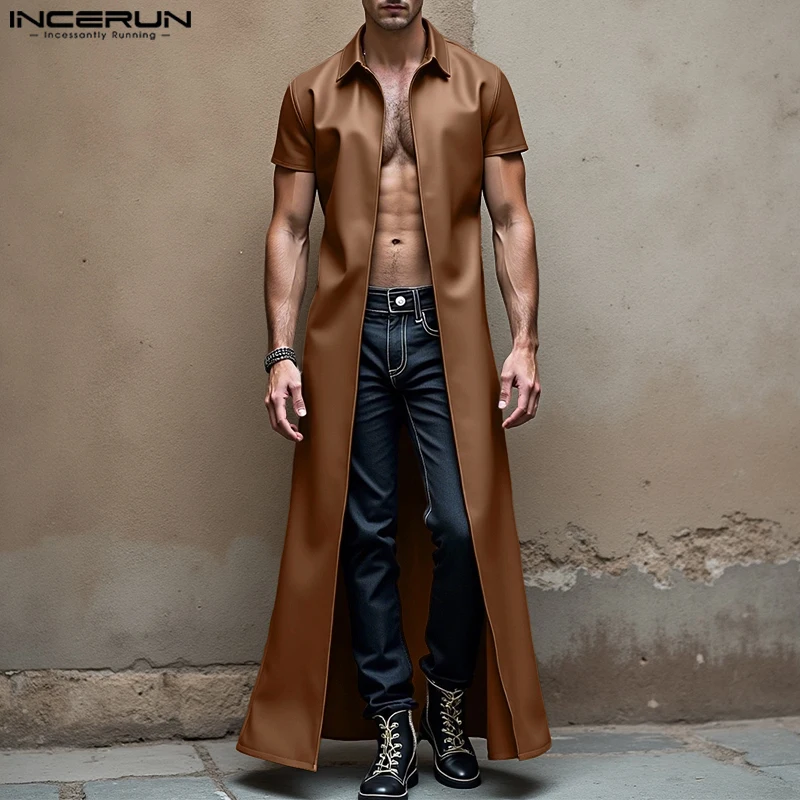 INCERUN Men Long Style Trench Solid Color Lapel Short Sleeve Male Cardigan Streetwear PU Leather Casual Male Windbreaker Coats
